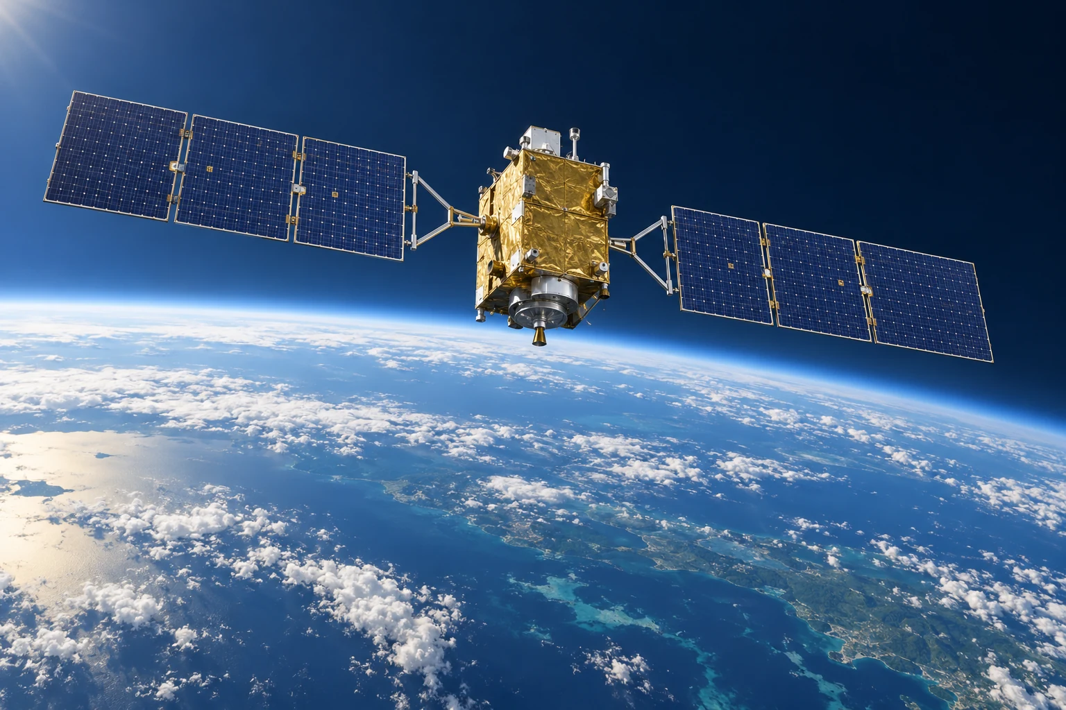 地球の上空に太陽電池パネルを広げた測位衛星を題材とする生成外観イラスト