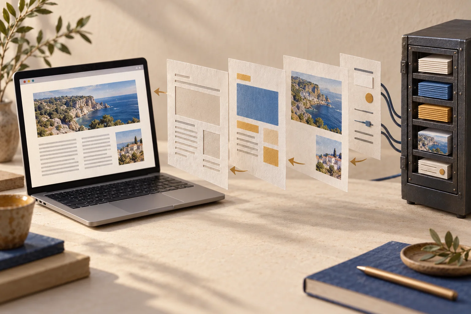 HTMLや見た目の指定、画像を紙の層で表しブラウザの画面に組み上げる概念模型